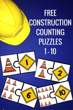 construction themed counting puzzles for kids to practice number recognition and addition skills with free construction hat printables