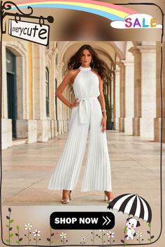 Sexy Haltered Sleeveless Pleated Jumpsuits for Summer Women Jumpsuits New Casual Lace-up Slim Fit Pleated Jumpsuit Sleeveless Solid Color Party Jumpsuits And Rompers, Sleeveless Solid Jumpsuits And Rompers For Party, White Stretch Halter Neck Jumpsuits And Rompers, Elegant White Sleeveless Bodysuit, White Sleeveless Bodysuit For Party, White Sleeveless Party Bodysuit, White Stretch Strapless Sleeveless Jumpsuit, White Sleeveless Bodysuit For Night Out, Elegant Sleeveless Bodysuit For Spring