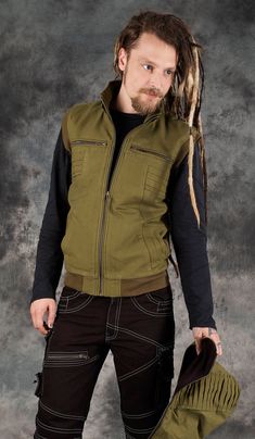 Alternative Cotton Outerwear For Spring, Green Casual Festival Outerwear, Casual Green Festival Outerwear, Hippie Brown Outerwear For Festivals, Hippie Cotton Outerwear With Pockets, Cotton Winter Festival Outerwear, Earthy Clothing, Vest Hoodie, Vest For Men