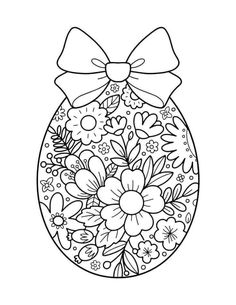 an easter egg decorated with flowers and a bow on the top, in black and white