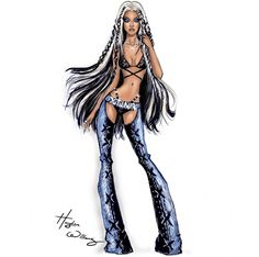 a drawing of a woman with long hair wearing blue jeans and high heeled boots