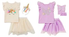 Wonder Nation Baby & Toddler Girls Dress-Up Flutter Sleeve Top, Tutu Skirt & Accessory, 3-Piece Set Delicate Ivory - Unicorn Set Condition is new Size: 4T 3-piece outfit set includes: 1 T-shirt, 1 skirt and 1 headband accessory Tee: crewneck; short flutter sleeves; glitter design Skirt: pull-on styling; elastic waistband; foil-accented tulle overlay; lined Includes plush Unicorn crown with 3D flowers Material: T-shirt: 95% Polyester/5% Spandex; Skirt and Accessory: 100% Polyester Machine washabl Fitted Princess Style Sets For Spring, Fitted Princess Style Spring Sets, Summer Dress-up Sets With Ruffles, Unicorn Crown, Unicorn Set, Original Barbie, Plush Unicorn, Design Skirt, Girls Dress Up