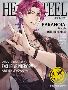 an image of a woman with pink hair on the cover of her magazine, he feel