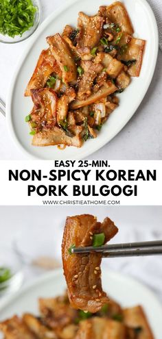 two plates with food on them and the words easy 25 min non - spicy korean pork bulgogi