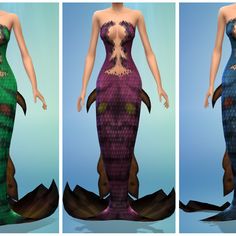 three different colored mermaids are shown in the same image, each with their own tail