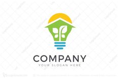 light bulb logo for sale with green house and yellow sun in the middle, on white background