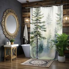 a bathroom with a shower curtain, mirror and bathtub in the middle of it