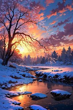 a painting of a sunset over a snowy river