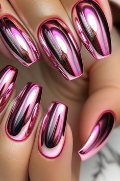 Valentines Day Nails Red Chrome, Pink Crome Valentines Nails, Chrome Valentines Nails Designs, Valentine Nails Chrome, Valentines Day Chrome Nails, Valentine’s Day Chrome Nails, Hot Pink Metallic Nails, All Chrome Nails, Chrome And Sparkle Nails