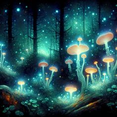 a painting of mushrooms in the forest with stars and lights shining on them at night