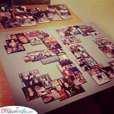 a table topped with lots of pictures on top of it