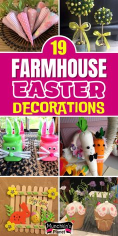 Farmhouse Easter Decorations Decorate Plastic Easter Eggs, Easy Spring Crafts, Wood Easter Bunny, Fabric Carrots, Farmhouse Easter Decor, Farmhouse Easter, Easter Decorations Ideas