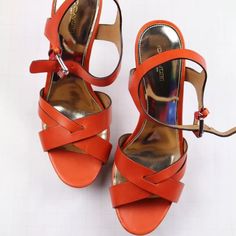 New // Never Been Worn Coach Heels With 4-inch Heel For Spring, Chic Orange Heels With 4-inch Heel, Orange Ankle Strap Heels With 4-inch Heel, Orange Sandals With 4-inch Heel And Open Heel, Orange Open-toe Sandals With Sculpted Heel, Coach Shoes, High Heel Sandals, White Silver, Shoes Women Heels