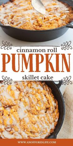 cinnamon roll pumpkin skillet cake in a cast iron skillet