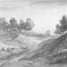 a pencil drawing of sheep grazing on a hillside