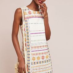 Size 4, New With Tags, Embroidered Multi-Color Dress. White Off Shoulder Dress, Shift Dresses, Embroidered Tunic, Multicolor Dress, Historical Dresses, Mini Shift Dress, Lace Maxi Dress, Bohemian Dress, Anthropologie Dress