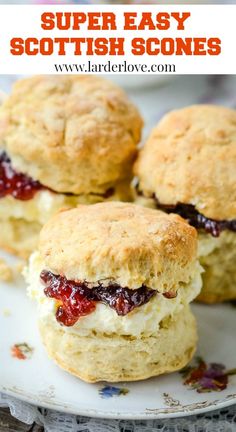 three biscuits with jam on them and the words super easy scottish scones above it