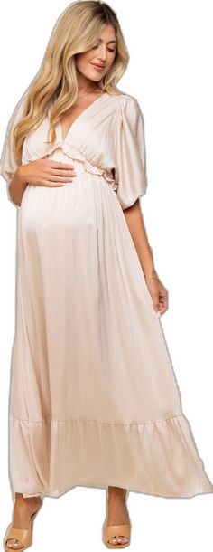 Chic Flowy V-neck Maternity Dress, Maternity V-neck Ruched Dress, Ruched V-neck Maternity Dress, Beige Pleated Maxi Dress, Elegant Flowy Maternity Maxi Dress, Elegant Flowy Maxi Maternity Dress, Elegant Beige Tiered Maxi Dress, Spring Floor-length Maternity Dress, Cream Flowy Maxi Dress