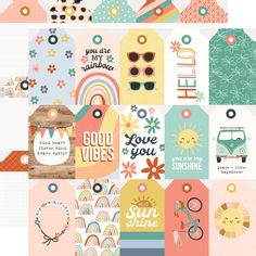 a collage of different types of tags with words and pictures on them, all in pastel colors