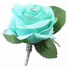 a blue rose with green leaves and a diamond in the center