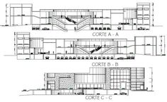 three drawings of the interior and exterior of a building, with different levels to each level