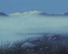 a painting of some birds flying in the sky over water and grass with mountains in the background