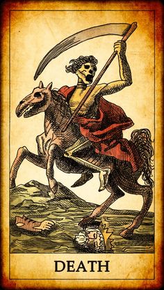 a skeleton riding on the back of a horse in front of a tarot card