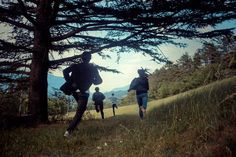 several people are running up a hill in the woods with trees and mountains behind them