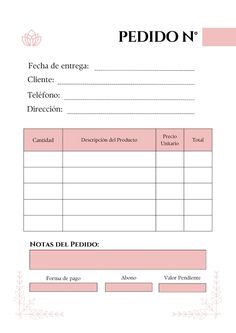 an invoice form with the words pedidon on it and pink flowers