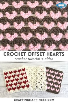 the crochet afghan is shown in three different colors