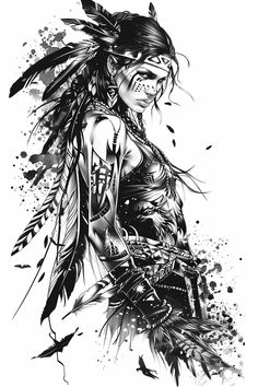 an ink drawing of a native american woman with feathers on her head and two birds flying around