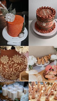 there are many different cakes and desserts on the table in this photo collage