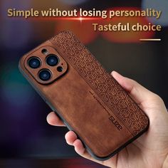 a hand holding an iphone case with the text, simple without losing personality tasteful choice