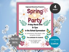 the spring party flyer is displayed on a blue sky background with white flowers and leaves