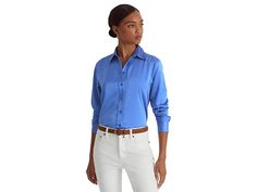 LAUREN Ralph Lauren Satin Charmeuse Shirt - Women's Clothing : New England Blue : Look fabulous donning the LAUREN Ralph Lauren Satin Charmeuse Shirt. Signature engraved buttons on this timeless shirt is crafted from glossy satin charmeuse for a luxurious Lauren look. Relaxed fit. Intended to hit at the hip. Point collar with buttoned placket. Signature engraved buttons. Long sleeves with buttoned barrel cuffs. Shirttail hemline. 100% recycled polyester. Dry-clean. Imported. Ralph Lauren Linen Shirt, Ralph Lauren Looks, Ralph Lauren Linen, Linen Shirts Women, Polo Sport, Ralph Lauren Womens, Wisteria, Easy Wear, Linen Shirt