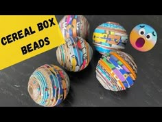 several different types of cereal box beads on a black surface with the words cereal box beads