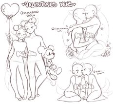 some drawings of people in pajamas and holding teddy bears, one is kissing the other