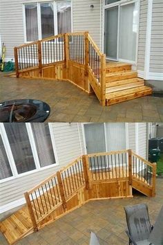 two pictures of a wooden deck and patio