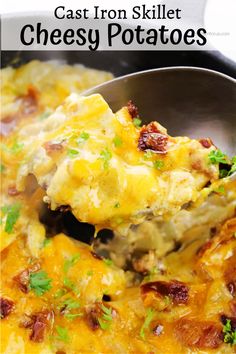 a spoon full of cheesy potato casserole with text overlay that reads cast iron skillet cheesy potatoes