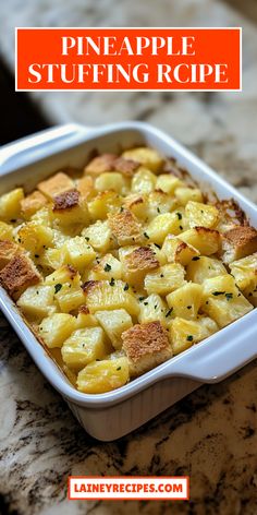 a casserole dish with pineapple stuffing in it on a marble countertop