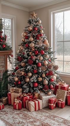 Snowy Christmas Tree Red And Gold, Good And Red Christmas Tree, Red Gold And Cream Christmas Tree, Christmas Tree Snow Decorations, Christmas Tree Themes Red And Gold, Red Gold Tree, Christmas Tree With Red And Gold, Christmas Tree Decor Red And Gold, Red Gold Christmas Tree Ideas