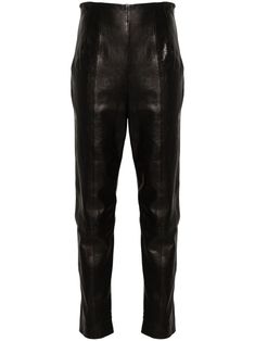 black lambskin pebbled texture high-waisted dart detailing seam detailing drop crotch ankle zips two rear welt pockets side zip fastening Black Leather Outfit, Satin Dress Long, Tapered Trousers, High Waisted Flares, Flare Trousers, Tapered Pants, Leather Outfit, Beachwear For Women, Poplin Shirt