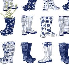 nine pairs of well - worn rain boots with flowers on them, all in blue and white