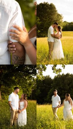 a man and woman standing in the grass holding each other's hands while kissing