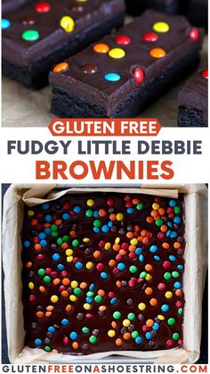 gluten free fudgey little debie brownies with chocolate frosting and sprinkles