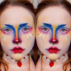 Full Face Rainbow Makeup, Crazy Colorful Makeup, Colorful Creative Makeup, Clowncore Makeup Aesthetic, Clown Makeup Rainbow, Facepainting Ideas Aesthetic, Artistry Makeup Looks, Club Kid Makeup, Funky Makeup Creative