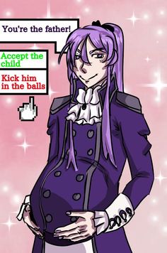 an anime character with purple hair standing in front of a sign