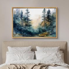 a painting hanging above a bed in a bedroom