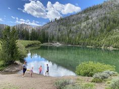 three people and two children are standing on the shore of a mountain lake with trees in the background