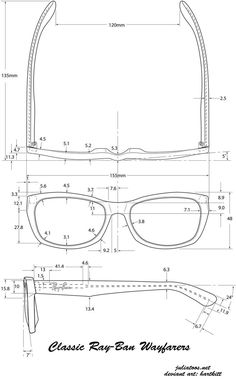 a drawing of the glasses with measurements for each lens and side view, as shown in this